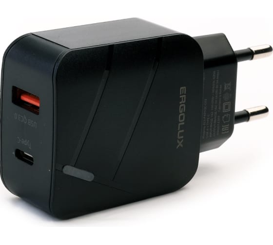 Адаптер сетевой USB+USB-C 100-220В 5-9В 3А Черный ERGOLUX