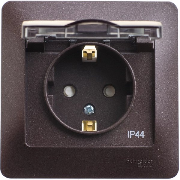 Розетка Встраив Одинарная c Заземлением+Шторки+Крышка Шоколад IP44 16А 250В GLOSSA Schneider Electri