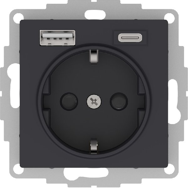 Розетка с заземлением Schneider Electric Atlasdesign 16А+2USB A+С, (5В/2,4А/3 А, 2х5В/1,5А), карбон
