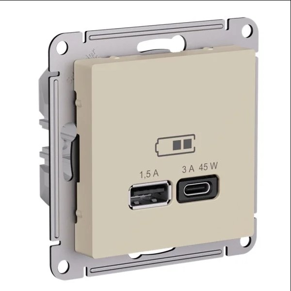 ATLASDESIGN USB РОЗЕТКА A + тип-C 45Вт высокоскор.заряд. QC,PD, механизм, ПЕСОЧНЫЙ
