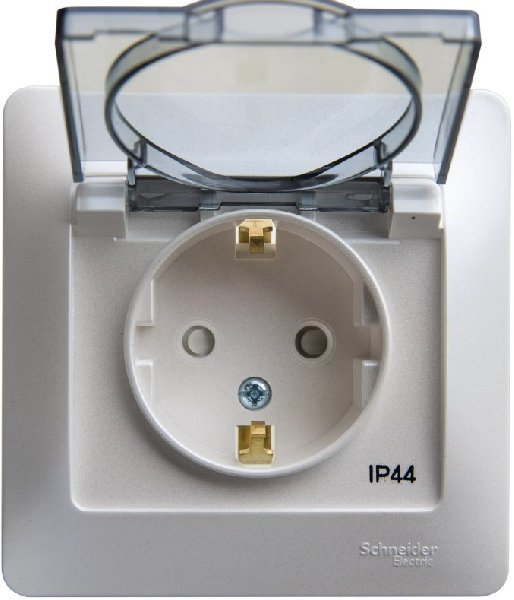 Розетка Встраив Одинарная c Заземлением+Шторки+Крышка Перламутр IP44   GLOSSA Schneider Electric
