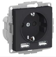 Розетка В Рамку  Одинарная с Заземлением+Шторки+USBх2 Карбон IP20 16А 250В ATLASDESIGN Schneider Ele