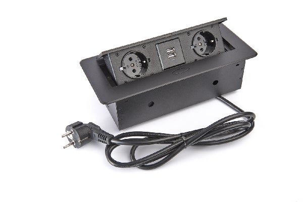 Блок розеток горизонтальный 2xEURO 2xUSB Черный 265х118х68мм Push-Up Smart Office GLS
