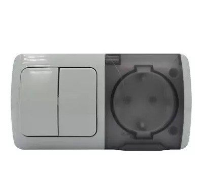Блок Наруж Выключатель  Двуклавишный + розетка С Заземлением+Крышка  IP54 Белый EVA El-Bi