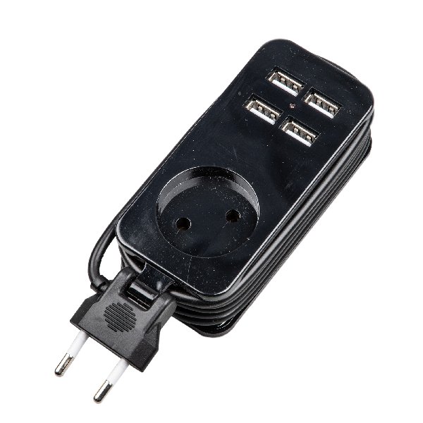 Удлинитель 1 гнездо  1,5 метра Без заземления+4хUSB 2,1А  2х0,5мм² 10A Черный Travel Uniel