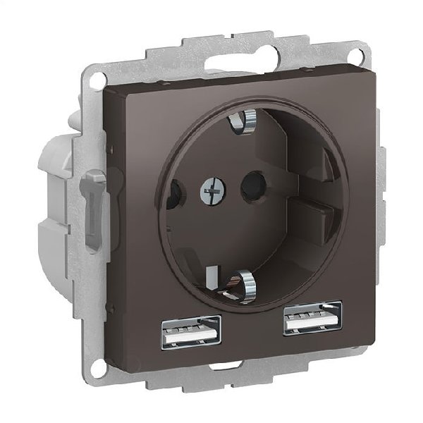 Розетка В Рамку  Одинарная с Заземлением+Шторки+USBх2 Мокко IP20 16А 250В ATLASDESIGN Schneider Elec