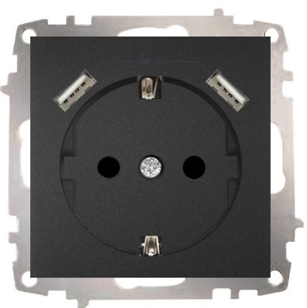 Розетка В Рамку  Одинарная с Заземлением+Шторки+2хUSB Графитовый IP20  Zena  Vega EL-BI
