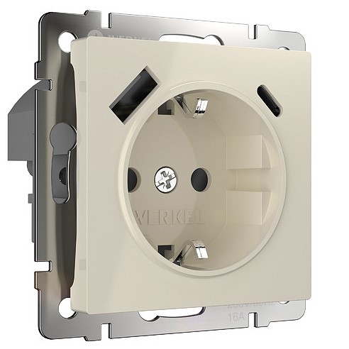 Розетка В Рамку  Одинарная с Заземлением+Шторки+USB+USB-C Слоновая Кость IP20   Универс Werkel