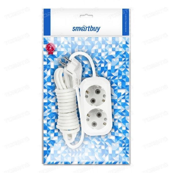 Удлинитель 2 гнезда  5 метров С заземлением Белый 16А ПВС 3х1мм² SMARTBUY