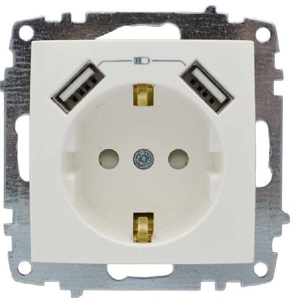 Розетка В Рамку  Одинарная с Заземлением+Шторки+2хUSB Белый IP20  Zena  Vega EL-BI