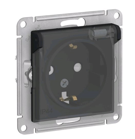 Розетка В Рамку  Одинарная с Заземлением+Шторки+Крышка Карбон IP44 16А 250В ATLASDESIGN AQUA Schneid