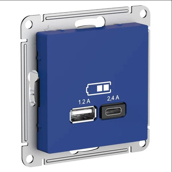 ATLASDESIGN USB РОЗЕТКА A+С, 5В/2,4А, 2х5В/1,2А, механизм, АКВАМАРИН
