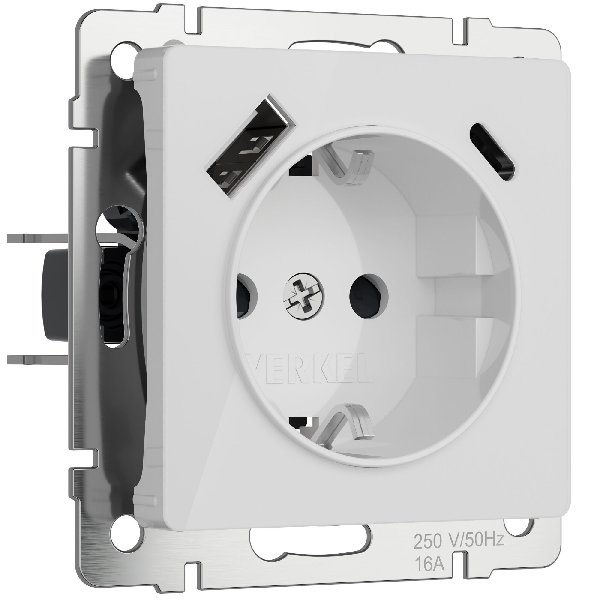 Розетка В Рамку  Одинарная С Заземлением+Шторки+USB-A+USB-C Белый акрил IP20 16А 250В Универс Werkel
