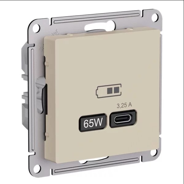 ATLASDESIGN USB РОЗЕТКА тип-C 65Вт высокоскор.заряд. QC,PD, механизм, ПЕСОЧНЫЙ