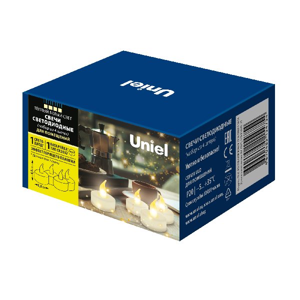 Светильник Фигура LED «Свеч-таблетка» на батарейках CR2032  Теплый свет Набор 4шт IP20 Uniel