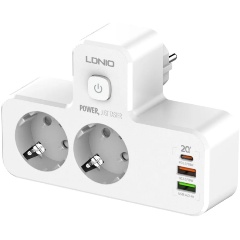 Разветвитель 2 гнезда С Заземлением+Шторки+2хUSB-A+1хUSB-C+Ночник 16А 250B Белый  LDNIO
