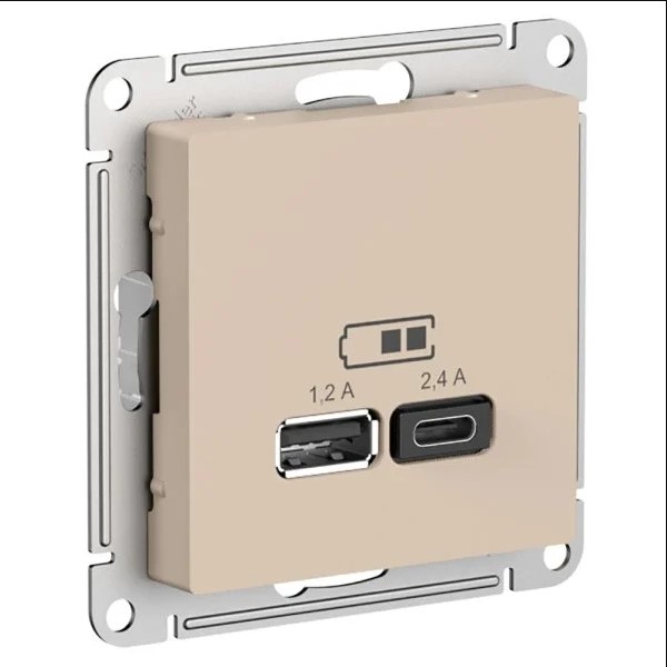 ATLASDESIGN USB РОЗЕТКА A+С, 5В/2,4А, 2х5В/1,2А, механизм, ПЕСОЧНЫЙ