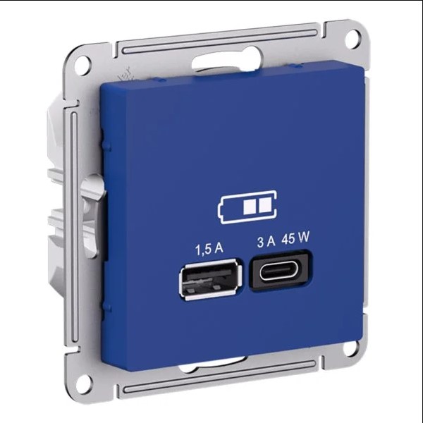 ATLASDESIGN USB РОЗЕТКА A + тип-C 45Вт высокоскор.заряд. QC,PD, механизм, АКВАМАРИН